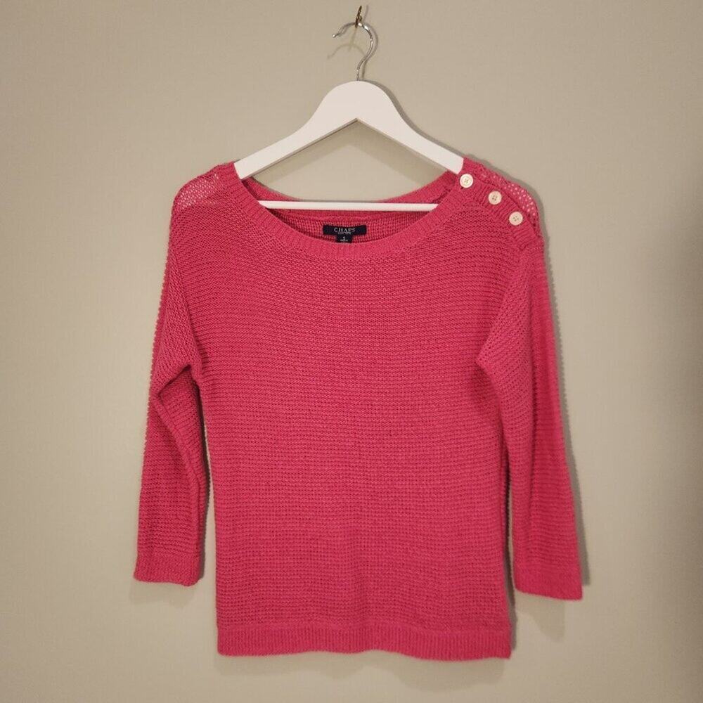 Chaps Pink Sheer Knit Sweater 3/4 Sleeve Lightweight Coastal Grandma Size S